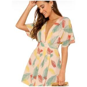 Tropical Plunging V Neck Tie Open Back Dress- Size Medium